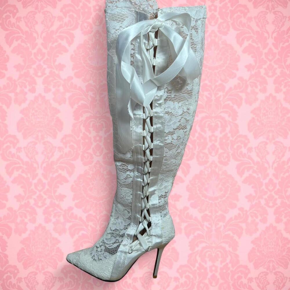 IVORY LACE OVER-THE-KNEE BRIDAL BOOTS 💍 LACE-UP STILETTO